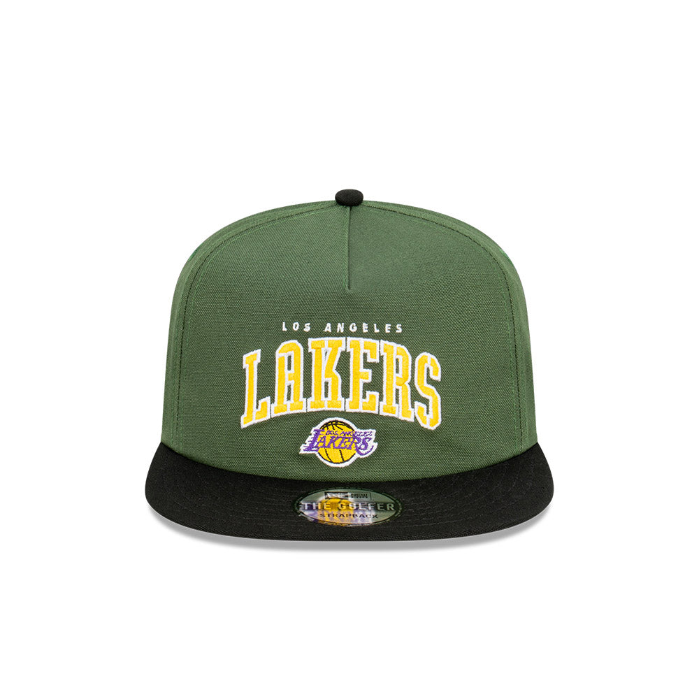 LA Lakers Hat - Rifle Green Stencil Script Golfer Snapback - New Era